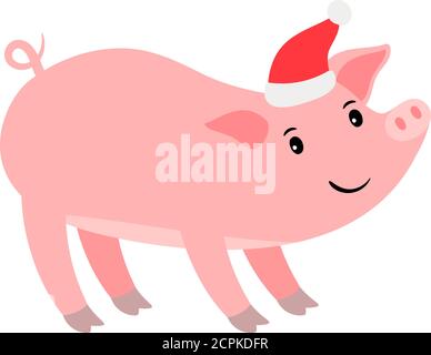 Drôle de cochon rose en chapeau de Santa, icône de vecteur d'année de Ney Illustration de Vecteur