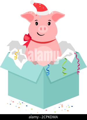 Cochon de bande dessinée dans boîte, cadeau de Noël ou du nouvel an, illustration vectorielle Illustration de Vecteur