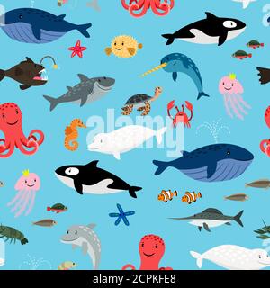 Animaux marins sur fond bleu avec baleines et requins, dauphins et pieuvres, illustration vectorielle Illustration de Vecteur