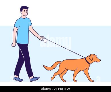 Un jeune homme marche avec l'illustration du vecteur de chien. Un mode de vie sain et un repos sur la nature. Caractères de dessin animé isolés sur fond bleu. Illustration de Vecteur