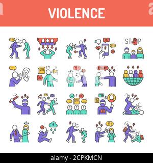 Jeu d'icônes de ligne de couleur de violence. Harcèlement, abus social et intimidation. Affiche une page Web, une application mobile, un bouton, un logo. Contour modifiable Illustration de Vecteur