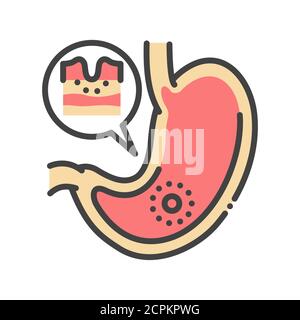 Maladie de l'estomac ligne de la gastrite icône de couleur. Inflammation gastrique. Concept d'organe humain. Inscrivez-vous pour accéder à la page Web, à l'application mobile, au bouton et au logo. Vecteur isolé Illustration de Vecteur