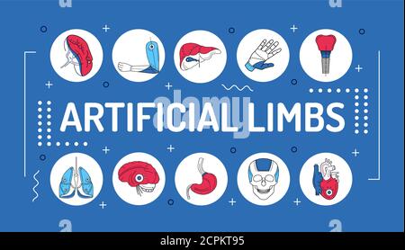 Membres artificiels lettrage de mots typographie. Implants prothétiques de différents organes et parties du corps. Infographies avec icônes linéaires en bleu Illustration de Vecteur