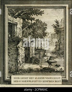 . Daniël Willinks Bloemkrans van christelyke liefde- en zeedevohten. Nevens eenige christelyke gezangen. Met kunstplaaten . GELNESTDER ÜUDREN PLICHT £2N KINDREN BEST. ^ j^IE hoe het vlugge pluimgedicrt,&gt;l^DAT op zyn Ihelle wieken zwiert,Door liefde tot het jonge neil:Al heen weer zwertt jonhet beft,Oi pikt en peutert met 7yn bekHet aas, van ihat, ek ou bien dat greetig hapten met de tengrc vlerkjes klapt,Gantfch vrolyk om die kleen gewin.Hier vindc ik decze leering in,DAT menfchen van ontaart gemoetVeel flimmer zyn als t pluimgebroct,en dikwils voor hun jeugdig Banque D'Images