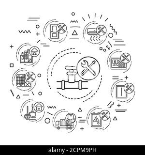 Bannière Web des services de handyman. Inclure les travaux de réparation, les travaux d'entretien, sont à la fois à l'intérieur et à l'extérieur. Infographies avec icônes linéaires en noir Illustration de Vecteur