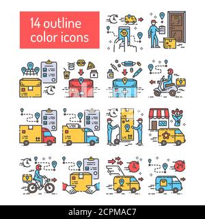 Jeu d'icônes de ligne de couleur de livraison. Transport de marchandises. Livraison express. Services de messagerie. Affiche une page Web, une application. Élément de conception UI UX GUI. Modifiable Illustration de Vecteur