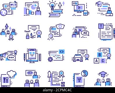 Jeu d'icônes de couleur de formation de cours. Investir dans vous-même. Développement des compétences des personnes. Pictogrammes pour la page Web, l'application mobile. Élément de conception UI UX GUI. Illustration de Vecteur