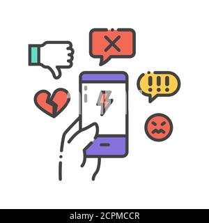 La victime de cyberintimidation tient son smartphone. Abus, Internet, concept de haine. Insulte aux médias sociaux. Inscrivez-vous pour accéder à la page Web, à l'application mobile, au bouton et au logo Illustration de Vecteur