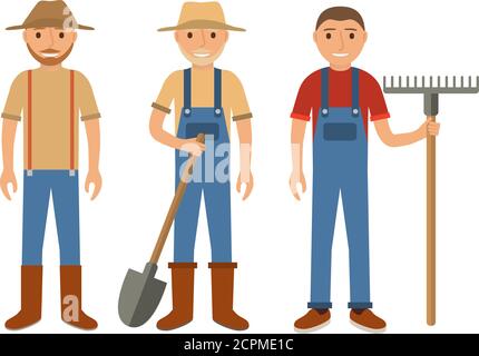 Jeu d'agriculteurs utilisant des outils agricoles.Set hommes dessin animé le style plat. Illustration de Vecteur