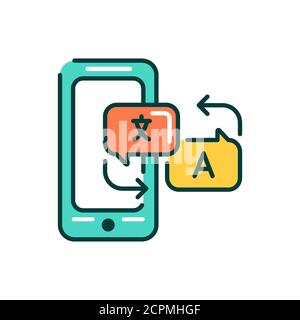 Application mobile de traduction de langue dans l'icône de ligne de couleur de smartphone. Pictogramme pour page Web, application mobile, Promo. Élément de conception UI UX GUI. Modifiable Illustration de Vecteur