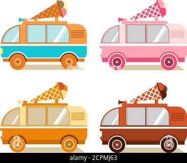 Un ensemble de fourgonnettes en vente et livraison d'un camion de crème glacée avec une tasse de cachets sur un toit de style plat.vue latérale. Illustration de Vecteur