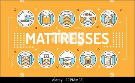 Différents types de matelas lettrage typographie. Infographies avec icônes linéaires sur fond jaune. Concept d'idée créative. Contour isolé Illustration de Vecteur