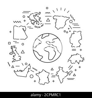 Bannière Web pays. Différents pays du monde de tous les continents. Infographies avec icônes linéaires sur fond blanc. Concept d'idée créative Illustration de Vecteur