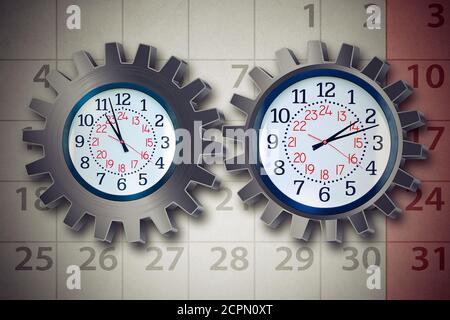 Concept de planification de l'organisation de l'horaire de travail en forme d'horloge comme un engrenage ou une roue dentée et des icônes de calendrier comme une métaphore du stress pour le maniement du temps Banque D'Images