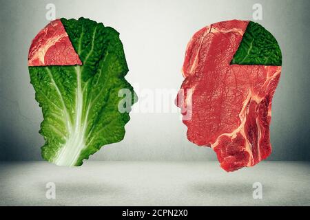 Équilibre alimentaire et des choix alimentaires liés à la santé avec un humain tête en forme de feuille de kale végétale verte avec un morceau de la viande comme un graphique à secteurs face à un opposit Banque D'Images