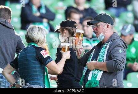 Ville de Brême, Allemagne. 19 septembre 2020. Firo: 19.09.2020 Fuvuball, Soccer 1. Bundesliga, saison 2020/2021 SVW SV Werder Bremen - Hertha BSC Berlin fans, toast les uns les autres, boire de la bière, de l'alcool | usage dans le monde crédit: dpa/Alay Live News Banque D'Images