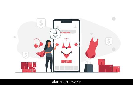 Achats en ligne via Internet. Femme choisit et achète le bikini par le biais de l'illustration vectorielle des applications du téléphone Illustration de Vecteur