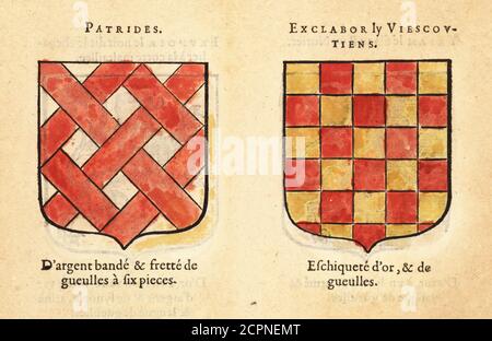 Armoiries imaginaires du premier et du deuxième chapitre des chevaliers du roi Arthur de la table ronde : Patrides, avec des bandes rouges d'argent, Esclabor le déguisé, avec un damier ou rouge et or, Chevaliers de la table ronde : PATRIDES, EXCALABOR ly VIESCOUTIENS. Gravure de blocs de bois de couleur main de Hierosme de Bara’s le Blason des Armoiries, chez Rolet Bouton, Paris, 1628 Banque D'Images