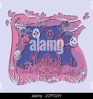 Découpe au laser. Carte de Pâques. Œufs dans le panier. Le motif du traceur et de la réservation de la capture... Illustration de Vecteur