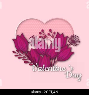 Carte de vœux à motif fleuri abstrait - arrière-plan de la Saint-Valentin avec motif fleurs coupées en papier. Modèle de design tendance. Illustration vectorielle Illustration de Vecteur