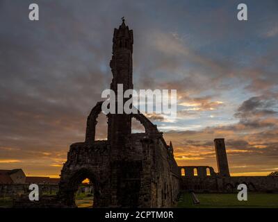 Dramatique, Sunrise, la cathédrale de St Andrew, St Andrews, Écosse, Royaume-Uni, GB. Banque D'Images