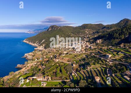 Banyalbufar, Serra de Tramuntana, vue aérienne, Majorque, Iles Baléares, Espagne Banque D'Images