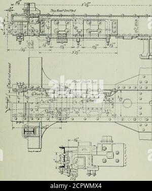 . Ingénieur mécanique ferroviaire . Janvier, 1919 MÉCANICIEN FERROVIAIRE 39 ligne de traction est à trois pouces de la base des canaux centraux. Des coupleurs Sharon avec des chevilles de 5 in. Par 7 in. Sont utilisés. Les moulages de tampon sont en acier moulé riveté be-. Détails de l'extrémité du seuil central et du tirant d'eau entre les canaux du seuil central et le bya renforcé forgé en anglivanité sur la plaque de couvercle et les seuils. Les moulages de tampon et les fontes de support sont conçus pour permettre l'application future d'un coupleur avec une queue de 6 in. Par S-in. Si désiré. Afin d'apporter le raccord de queue 5 in. Par 7 in. À la propriété Banque D'Images