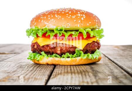 Savoureux et appétissant hamburger cheeseburger une vue superbe pour le plus vite nourriture Banque D'Images