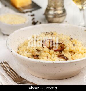 Risotto aux champignons porcini, parmesan, Pecorino, oignon, ail, huile d'olive, vin blanc sec, poivre noir fraîchement moulu et riz aborio. Trad Banque D'Images