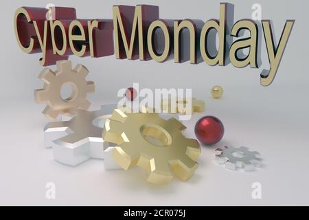Cyber lundi. Bannière de rendu 3D pour Cyber Monday avec Gears sur fond clair Banque D'Images