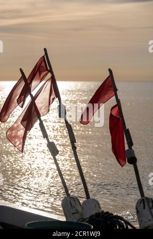 Allemagne, Mecklembourg-Poméranie occidentale, île de Ruegen, Baabe, drapeaux d'un bateau de pêche, drapeaux de piège, Mer Baltique Banque D'Images