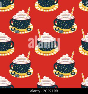 Tasse de cacao crème fouettée à motif plat sans couture Illustration de Vecteur