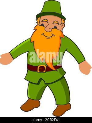 Le petit homme avec une barbe et dans un chapeau en vert une chemise et un pantalon et dans les chaussons Joyful leprechaun. Illustration de Vecteur