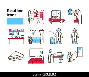 Icône de la ligne de couleur de désinfection de masse. Service de nettoyage. Travailleur en costume de protection avec pulvérisateur désinfecteur. Pictogrammes pour le Web, l'application mobile, la promotion. INTERFACE UTILISATEUR UX Illustration de Vecteur
