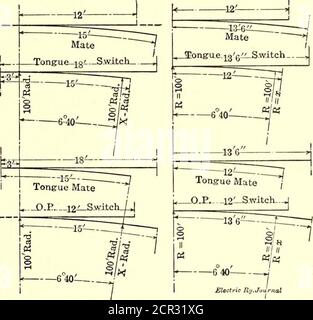 . Electric Railway journal . ial-work layouts, mais les désignations standards sont maintenant employés à grand avantage. Il a été possible d'installer le radiocommutateur droit de 100 pieds dans de nombreux cas, ce qui a conduit à des importanteconomies en permettant l'échange de pièces de commutation et en minimisant la salle de stockage. Les dessins de l'accom-panying montrent des dispositions pour un radiointerrupteur de 100 pieds et une contrainte, l'une pour le centre durci régulier et l'autre pour le travail au manganèse. En règle générale, le travail spécial de hardenedcentre avec quelques rails pleins de manganèse-steelincurvé a été utilisé, mais maintenant beaucoup de 7-in. Solide à la rue la plus importante dans Banque D'Images