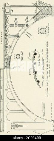 . Ponts et ponceaux en béton, tant pour les chemins de fer que pour les autoroutes . gesdesigned comme arches ont l'action en porte-à-faux aussi, orwhen l'élévation est petite en proportion de la travée,les contraintes sont principalement le résultat de la flexion, et indépendamment de la théorie la travée agit alors plus comme abeam que comme une arche. L'incertitude de référence à l'action cantilever ou poutre des arcs peut beremoved en construisant un joint vertical ouvert entreles arches au-dessus des piers, la présence de ce qui empêchera positivement toute action cantilever. Whilesuch un joint élimine une grave incertitude de signe, il est très douteux si o Banque D'Images