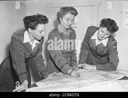 Nancy Love (1914-1976), au centre, commandant de l'escadron de ferrieur auxiliaire féminin (EAF) et deux élèves non identifiés, voient les tableaux à l'École de détachement de l'entraînement en vol féminin. Après leur diplôme, les femmes qui ont eu ce type de formation de vol sont instantanément utiles comme membres du commandement de ferriing, Sweetwater, TX, vers 1943. (Photo par Office of War information/RBM Vintage Images) Banque D'Images