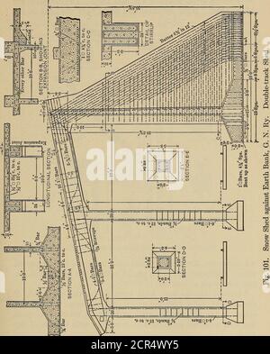 . Structures et estimations des chemins de fer . des hangars de neige en béton et en bois construits sur la pente ouest pour remplacer des hangars de bois de 3000 pi coûteront 500,000 $. Vents de neige en béton, Great Northern Ryd. — en raison du danger que représentent les forêts et autres incendies et les importants incendies de forêt, le Grand chemin de fer du Nord a construit des hangars ignifuges (environ 4000 pieds) juste à l'ouest du long tunnel dans les CascadeMountains, où les glissements sont exceptionnellement graves. Ils sont pour double voie, et de construction en béton armé, comme illustré, Figs. 101 et 102. La dalle de toit est figurée pour une charge de 1100 lb. Et le bea Banque D'Images