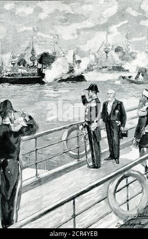 La légende de 1906 se lit comme suit : LA VISITE DU TSAR EN FRANCE, LA FLOTTE FRANÇAISE SALUANT À DUNKERQUE. — l'événement le plus important du bref règne du tsar russe actuel, Nicholas II, a peut-être été l'alliance avec la France. En 1901, le tsar s'est rendu en France et a été reçu partout avec l'enthousiasme de Bienvenue. Nous le voyons ici en compagnie du Président Loubet, en lui retournant le salut royal qui lui a été donné lors de l'exposition navale française à Dunkerque. Banque D'Images