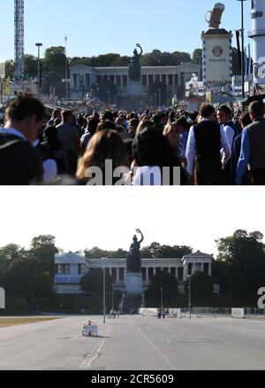 Munich, Allemagne. 19 septembre 2020. KOMBO - l'image combinée montre la vue de la Bavière. CI-DESSUS: 21.09.2019, Bavière, Munich: Prélude à l'Oktoberfest. Visiteurs de l'Oktoberfest devant la Bavière. BAS: 19.09.2020, Bavière, Munich: La Bavière dans la soirée à la Theresienwiese vide. Normalement, le plus grand festival public du monde aurait ouvert sur la Theresienwiese le 19.09.2020. Credit: Felix Hörhager/dpa/Alay Live News Banque D'Images