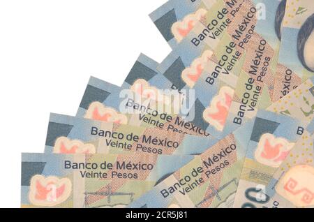 Les factures mexicaines de 20 pesos se trouvent dans un ordre différent isolé sur blanc. Le concept de banque locale ou de fabrication d'argent. Bannière d'arrière-plan commercial Banque D'Images