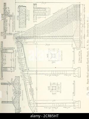 . Structures et estimations des chemins de fer . ombination des hangars en béton et en bois de neige construits sur la pente ouest pour remplacer les hangars en bois de 3000 pi. Ofold coûtera $500,000. Vents de neige en béton, Great Northern Ryd. — en raison du danger que représentent les forêts et autres incendies et les importants incendies de forêt, le Grand chemin de fer du Nord a construit des hangars ignifuges (environ 4000 pieds) juste à l'ouest du long tunnel dans les CascadeMountains, où les glissements sont exceptionnellement graves. Ils sont pour double voie, et de construction en béton armé, illustrée. Fig. 101 et 102. La dalle de toit est figurée pour une charge de 1100 lb. Et la poutre Banque D'Images