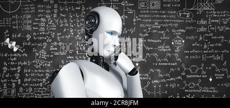 Penser ai humanoid robot analyse écran de la formule mathématique et équation scientifique en utilisant l'intelligence artificielle et le processus d'apprentissage machine Banque D'Images