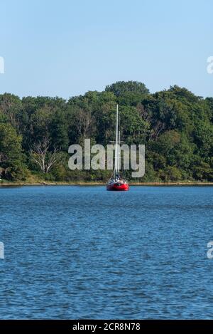 Allemagne, Mecklembourg-Poméranie occidentale, Stralsund, bateau à voile rouge se trouve dans une baie de Strelasund, une entrée de la mer Baltique Banque D'Images