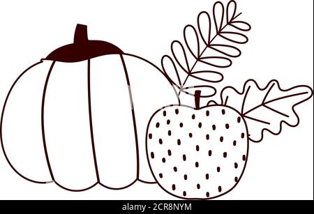 bonjour automne, pomme de citrouille fraîche et feuilles dessin animé blanc ligne style illustration vectorielle Illustration de Vecteur