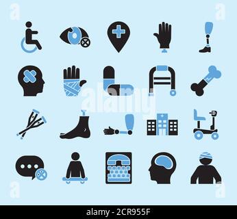 main avec bandages et handicap icône sur fond bleu, style de silhouette, illustration vectorielle Illustration de Vecteur