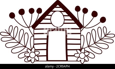 chalet bois baies feuillage fleurs nature carte vecteur ligne d'illustration style Illustration de Vecteur