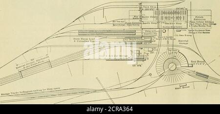 . Ingénieur américain et journal ferroviaire . 6 fosses en plus de deux, dans la même baie, qui sont dans la chaufferie. L'arrière de ces éléments est une baie servepar une grue de 150 tonnes, qui est appelée l'atelier de transfert. Les boîtes de Thetracks de chacune des fosses d'atelier éritrices s'étendent dans cette baie et plusieurs d'entre elles sont fournies avec des fosses à ce point. Thenext Bay est l'atelier de machines, servi par une grue de 10 tonnes sur les machines lourdes et ayant une galerie sur l'espace pour les machines de taille. Cet arrangement est basé sur l'idée d'obtenir l'adva-tages d'un magasin transversal erecting servi par un transfert tableet à la Banque D'Images