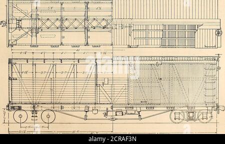 . Maître mécanicien de chemin de fer [microforme] . Figure 3—élévation de fin de l'ioo, ooo-lbs Wagon pleine capacité avec châssis en acier. Entre les seuils central et latéral se trouvent deux bandes de cloudeuses en bois, portées par des poutres de plancher comme indiqué précédemment, qui s'étendent entre les bourrelets. Entre les bourrelets. #/-3 Fig. 4—Plan et élévation de ioo,ooo-lbs Wagon pleine capacité avec sous-châssis en acier. 3^4 MAÎTRE MÉCANICIEN DE CHEMIN DE FER AOÛT 1904. Banque D'Images