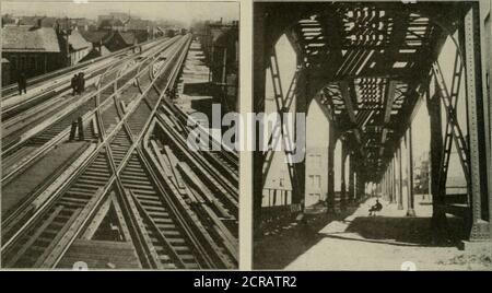 . Revue de chemin de fer électrique . Ravenswood extension de l'élévation nord-ouest—plate GirderThrough Span au-dessus de Chicago Milwaukee & St. Paul Railway. Ravenswood extension du nord-ouest élevé—StandardConstruction montrant des contreventements longitudinaux. Avec la ligne originale des rues Clark et Roscoe à Chicagoand s'étendant vers l'ouest sur 3% miles, pour y joindre une nouvelle ligne de surface de 1% miles de long se terminant à Ravenswood. Le service local et express est offert. Détails de l'acier.la nouvelle structure prend en charge deux voies dans toute la région, au croisement des voies Chicago et Northwesterntracks. Environ 8,800 t Banque D'Images